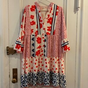 Mixed Print Mini Dress Prairie Inspired Button Front w/Flared Hem size XL